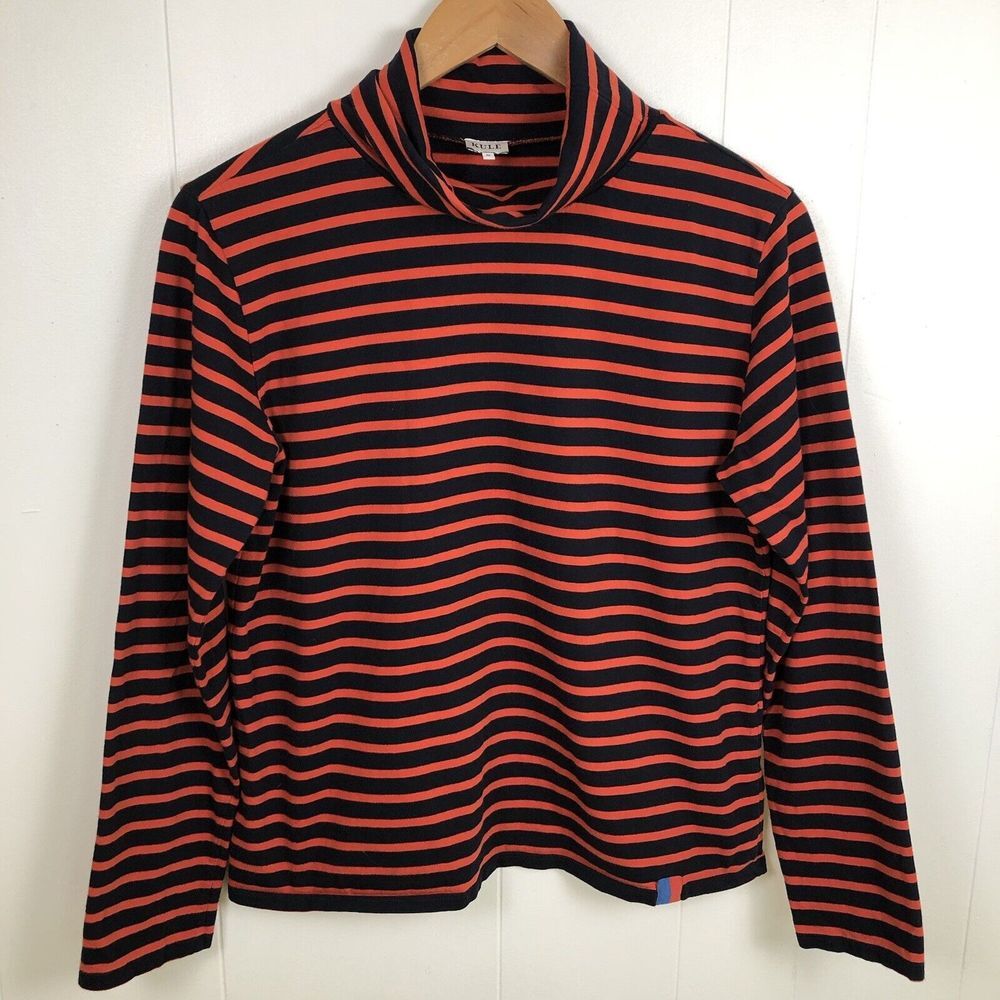 KULE Turtleneck Sweater Orange Black Striped Women's Medium Cotton Long Sleeve